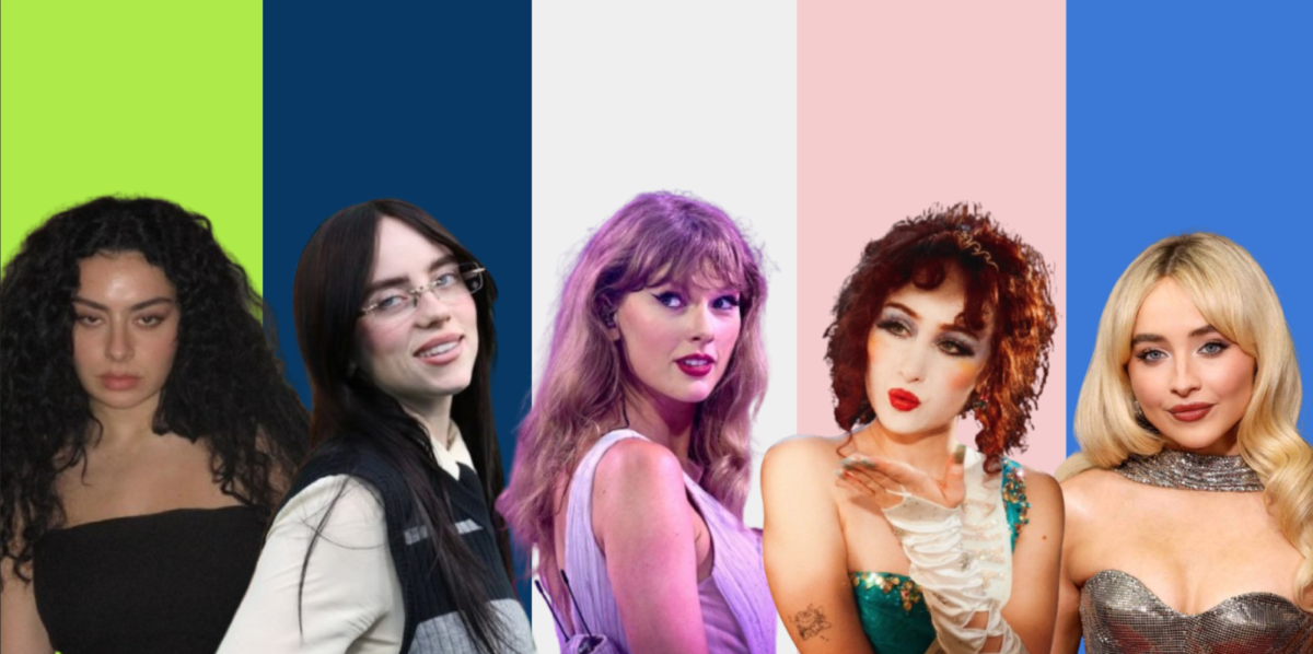 Some of the pop girls potentially up for Grammys this year (from left to right: Charli XCX, Billie Eilish, Taylor Swift, Chappell Roan, and Sabrina Carpenter) (Beyoncé and Ariana Grande not pictured)